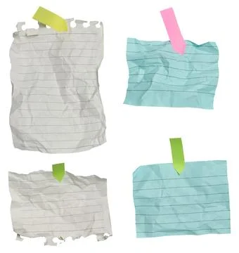 Various blank crumpled pieces of sheets torn from a notebook on an isolated.. Stock Photos