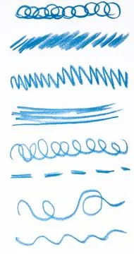 Various blue lines drawn with pencil, horizontal strokes, spirals, zigzags .. Stock Illustration