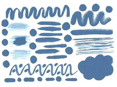 Various blue paint strokes and patterns on a white background showcasing Stock Illustration