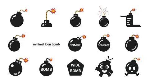Various bomb icons in flat design, including cartoon bombs with faces and f.. イラスト素材
