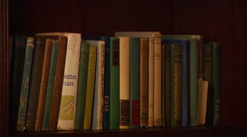 Various books arranged in bookshelf Stockbeeldmateriaal 54590665