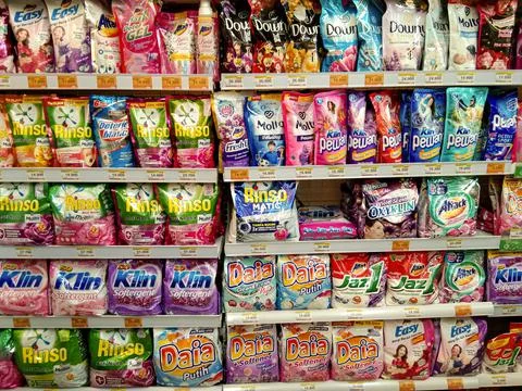 Various brands of laundry soap Stock Photos