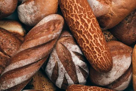 Various Bread Heap Top View wallpaper Stock Photos