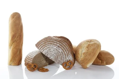 Various Bread, Isolated on White. Concept Bakery Poster. Horizontal Picture Stock Photos