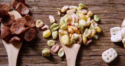Various breakfast in a spoon 4k Stock Footage 88904060