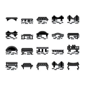 Various bridge structures connecting over water icon set Stock Illustration