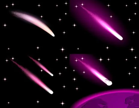 Various, bright comets of violet color, meteorites flying on the background o Stock Illustration