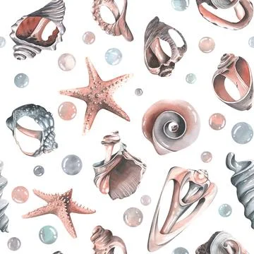 Various broken seashells and starfish, bubbles. Watercolor illustration hand Stock Illustration