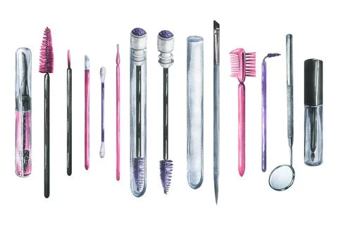 Various brushes, combs, applicators, a mirror, a cotton swab for makeup Stock Illustration