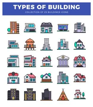 Various building icons arranged in a grid on a white background. Ilustración de archivo