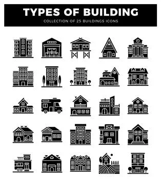 Various building icons arranged in a grid Ilustración de archivo