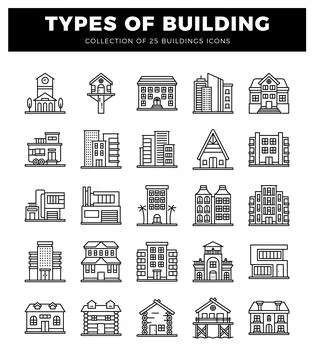 Various building icons collection with diverse architectural styles and res.. Ilustración de archivo