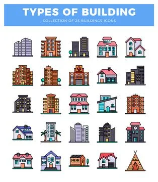 Various building icons with different architectural styles and purposes on .. Ilustración de archivo