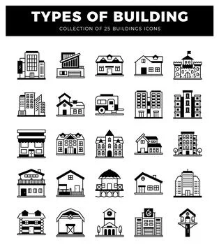 Various building icons with different architectures on a white background Ilustración de archivo