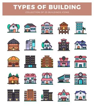 Various building icons displayed on a white background Ilustración de archivo