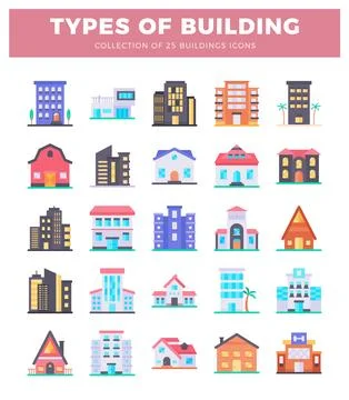 Various building icons displayed on a white background. Ilustración de archivo