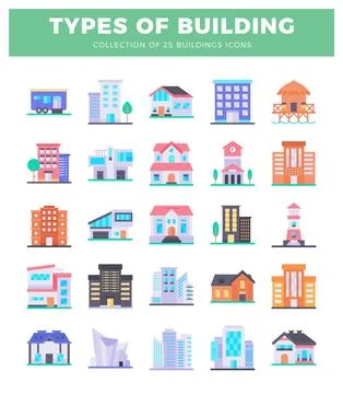 Various building icons in flat design with a white background. Stock Illustration