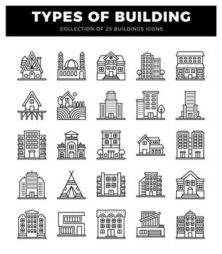 Various building icons in a grid layout with minimalist line art style. Ilustración de archivo