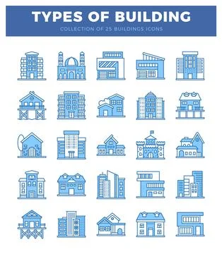 Various building icons shown in blue line art on a white background with ti.. Ilustración de archivo