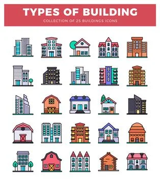 Various building icons with simplified flat design. arranged in rows and co.. Stock Illustration