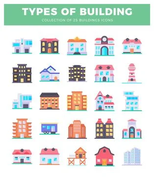 Various building icons on white background. a building types. Ilustración de archivo