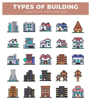 Various building icons on white background Ilustración de archivo