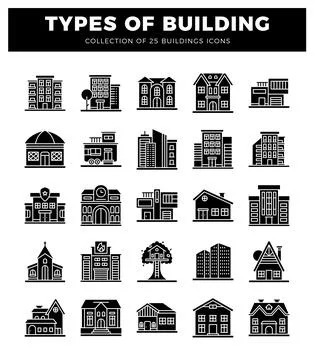 Various building types as black silhouette icons on a white background Ilustración de archivo