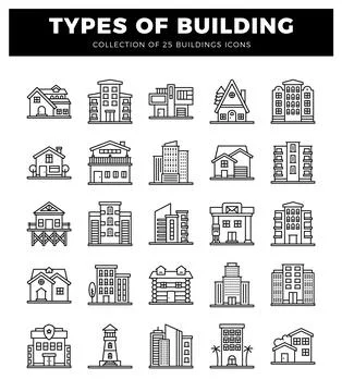 Various building types collection with 25 icons. set on a white background... Ilustración de archivo