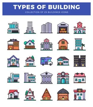 Various building types collection with flat vector icons. Ilustración de archivo