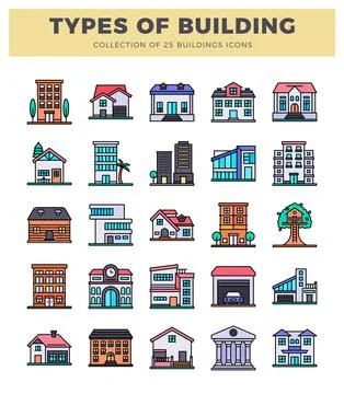 Various building types icon collection with flat design on white background. Ilustración de archivo