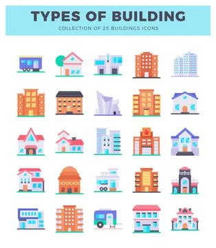 Various building types illustrated in flat design icons on a white background Stock Illustration