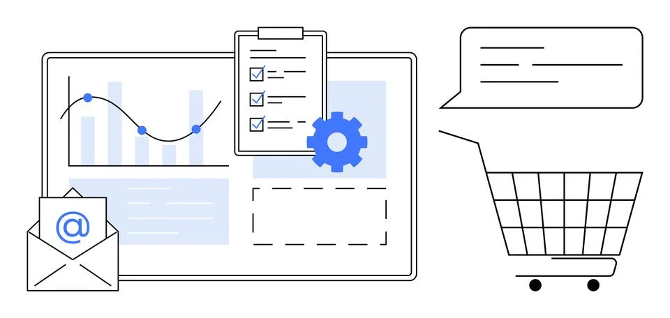 Various business tools notebook graph envelope cart message box combine to re Stock Illustration