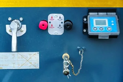Various buttons, breakers and switches on the electronic control panel for hy Stock Photos