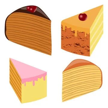 Various cake slises, set. Cakes with cherry, chocolate, cream, biscuit. Vecto Stock Illustration