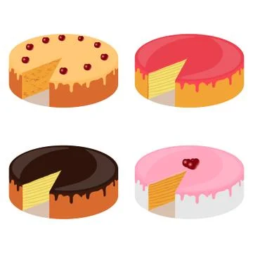 Various cakes, set. Cakes with cherry, chocolate, cream, biscuit. Vector illu Stock Illustration