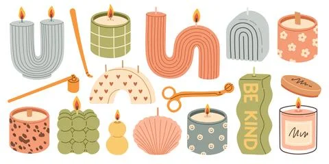 Various Candles. Different shapes and sizes. Pillar, jar candle, square Stock Illustration