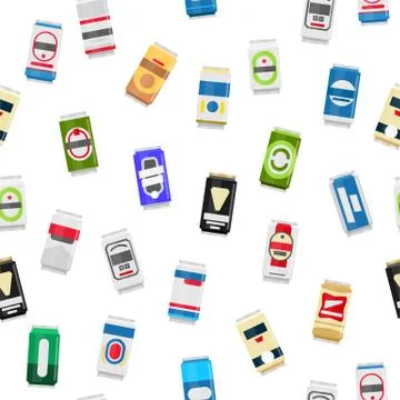 Various cans of beer isolated on white background seamless pattern. Large set of Stock Illustration