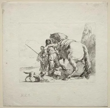 Various Caprices: The Cavalier Mounting his Horse, 1735-50. Giovanni Battis.. Stock Illustration