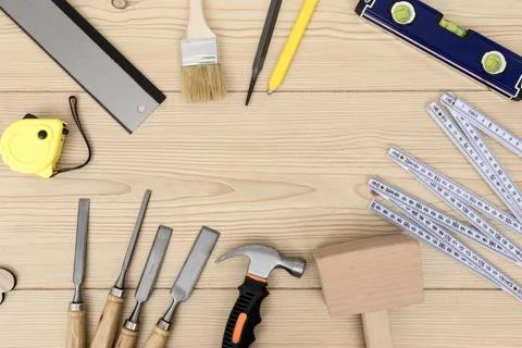 Various carpentry tool top view copy space Stock Photos