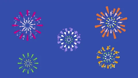 Various cartoonish fireworks explode at once - Night sky color Stock Footage 157571758