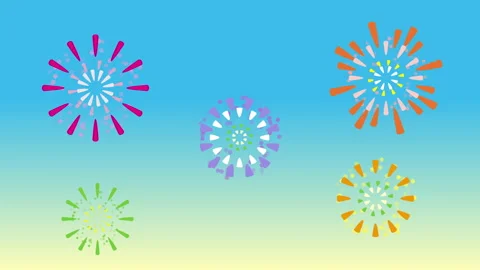 Various cartoonish fireworks explode at once - Dawning sky color Stock Footage 157571779
