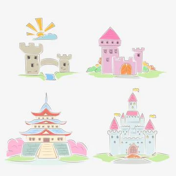 Various castles set hand draw on white Stock Illustration