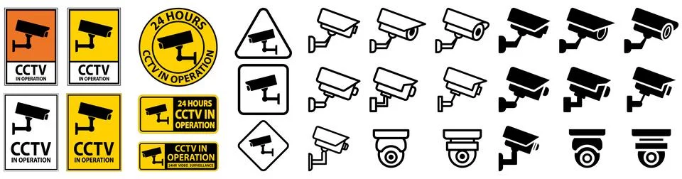 Various CCTV Security Camera Signs and Icons for Surveillance Use Stock Illustration