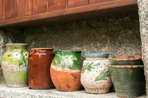Various ceramic pots closeup Stock Photos