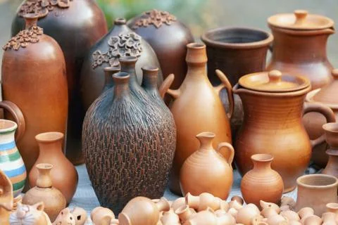 Various ceramic products from clay. Stock Photos