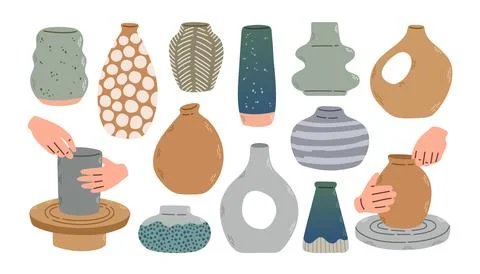 Various ceramic Vases. Different shapes. Pottery workshop, pottery wheel. Hand Stock Illustration