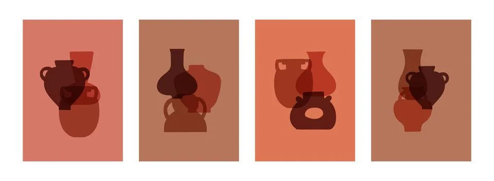 Various ceramic vases interior posters. Elegant modern card in boho style Stock Illustration