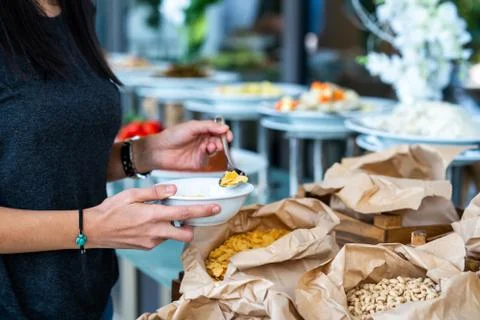 A various cereal buffet with different sweet bakery in a restaurant or hotel Stock Photos
