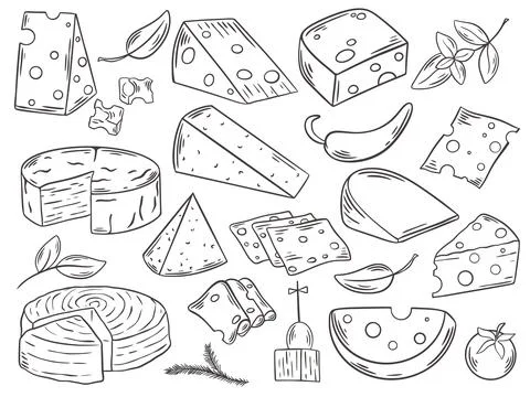 Various cheeses hand engraving set Stock Illustration