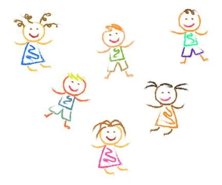 Various children are having fun on a white background. Children's drawing. Stock Illustration